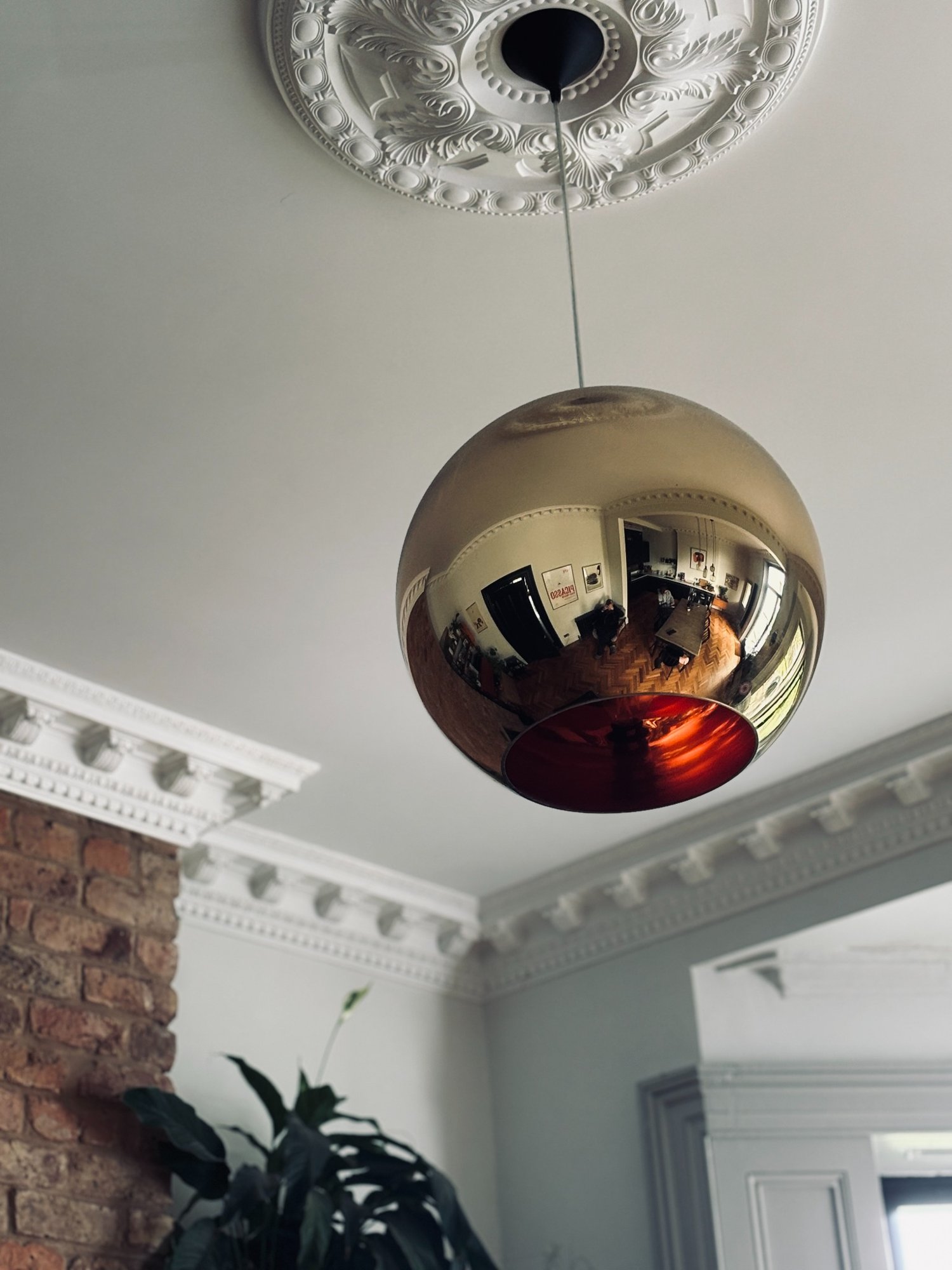 Period plasterwork and mirrored pendant