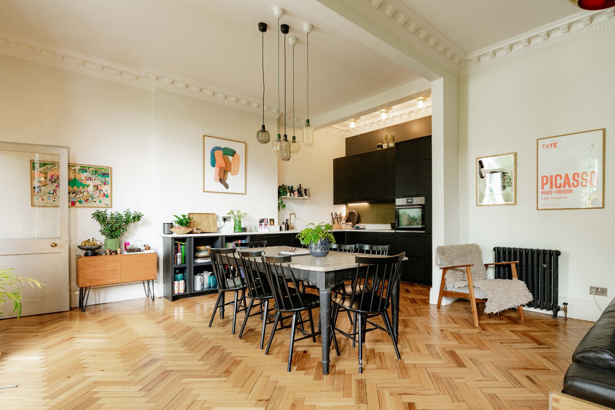Wide view of the open-plan kitchen and dining room